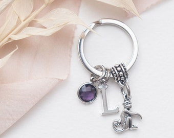 Monkey keyring, personalised gifts, birthstone initial, animal bag charm, ape keychain