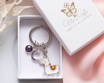 Llavero de llama esmaltado: dije personalizado con inicial y piedra de nacimiento