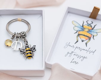 Bumble bee keyring, personalised gifts, queen bee bag charm, birthstone letter, yellow animal keychain, insect charm gift
