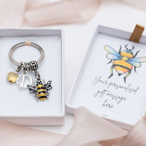 Bumble bee keyring, personalised gifts, queen bee bag charm, birthstone letter, yellow animal keychain, insect charm gift