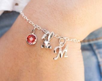 Rabbit bracelet, personalised Easter gifts, bunny rabbit jewellery, birthstone initial charm, pet loss keepsake, cute animal gift