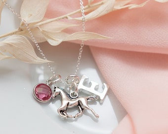 Horse Necklace, Personalised Birthstone Initial Charm, Equestrian Jewellery, Custom Pony Lover Gift