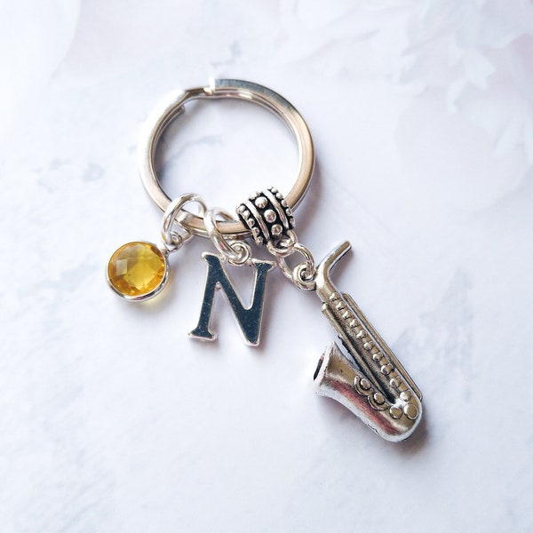 Saxophone keyring, personalised gifts, jazz music keychain, birthstone initial letter, instrument, music teacher thank you