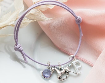 Horse bracelet, waxed cord adjustable bracelet, birthstone initial, personalised gifts, animal jewellery, equestrian rider gift, pony