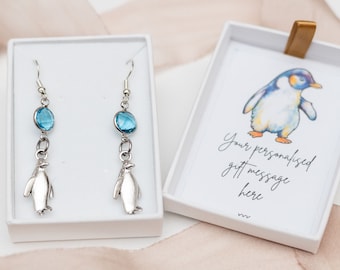 Penguin earrings, birthstone jewellery, personalised gifts, penguin gifts, sea bird gift, Antarctic animal charm