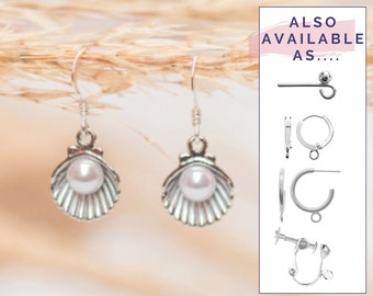 Shell earrings, seashell jewellery, beach holiday accessory, pearl dangle earrings, ocean sea gift, 40th pearl anniversary