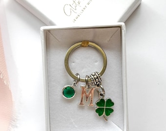 Four Leaf Clover Keyring, Personalised Birthstone and Initial Keychain, Lucky Charm Gift, Custom Bag Charm, Good Luck
