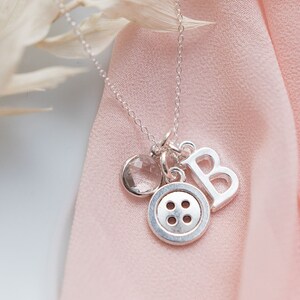 Personalised Button Charm Necklace, Birthstone Initial, Sewing Gift