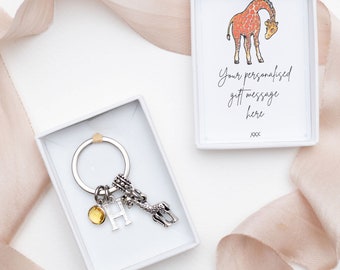 Giraffe keyring, jungle animal bag charm, personalised gifts, giraffe fans, zoologist keychain, conservationist, birthstone initial charm
