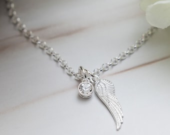 Pulsera de alas de ángel en plata de ley, dije con inicial y piedra de nacimiento, regalos personalizados, joyas conmemorativas