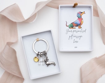 Dachshund keyring, sausage dog keychain, personalised gifts, birthstone initial, new puppy owner, pet loss memorial, dog walker thank you