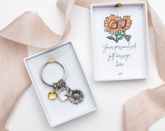 Sunflower keyring personalised gifts birthstone initial women's keychain friendship friend flower gardening gardener