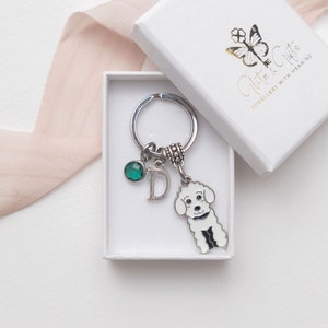 May include: A silver keyring with a white poodle charm, a green crystal charm, and a silver letter D charm. The keyring is in a white gift box with the text "Glitter & Gifts Jewellery with Meaning".