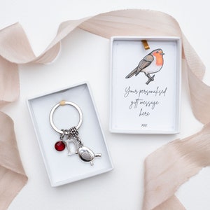 Robin keyring, personalised Christmas gifts, bird jewellery, birthstone initial, rememberance gift