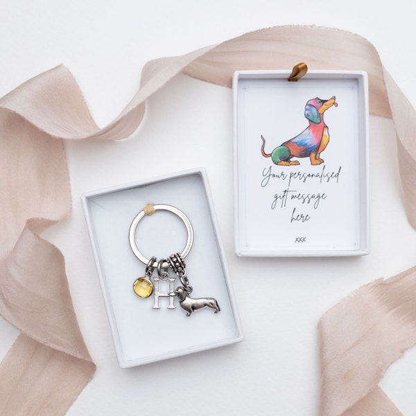 Dachshund keyring, sausage dog keychain, personalised gifts, birthstone initial, new puppy owner, pet loss memorial, dog walker thank you