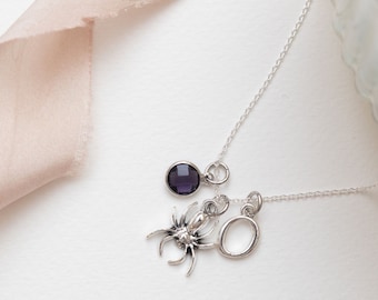 Spider necklace, personalised gifts, birthstone initial, tarantula gift, Halloween 2026, arachnid gift, spooky season, insect gift