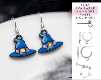 Blue witch hat earrings, enamel dangling wizard charms, drop hooks, sterling silver ear wires, Halloween jewellery, witchy gothic