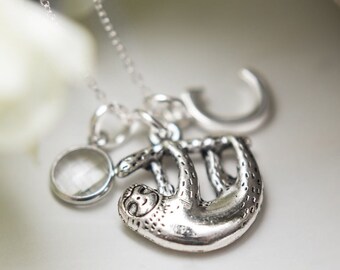 Sloth necklace, personalised gifts, sloth gifts, birthstone and initial jewellery, hanging sloth pendant, cute animal gift