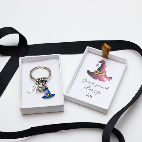 Enamel witch hat and cauldron keyring, Halloween, witchy bag charm,  personalised gifts, birthstone initial jewellery, goth accessories