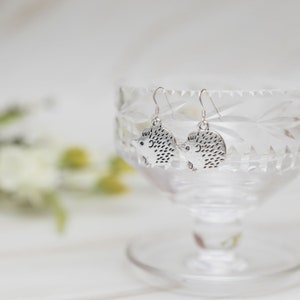 May include: A pair of silver earrings featuring a hedgehog design. The earrings are hanging from a glass bowl.