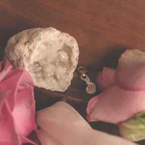 Pode incluir: Uma geoda de cristal branco com uma rosa rosa e um amuleto de prata em forma de concha sobre uma superf&iacute;cie de madeira.