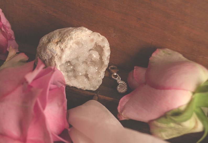 Pode incluir: Uma geoda de cristal branco com uma rosa rosa e um amuleto de prata em forma de concha sobre uma superf&iacute;cie de madeira.