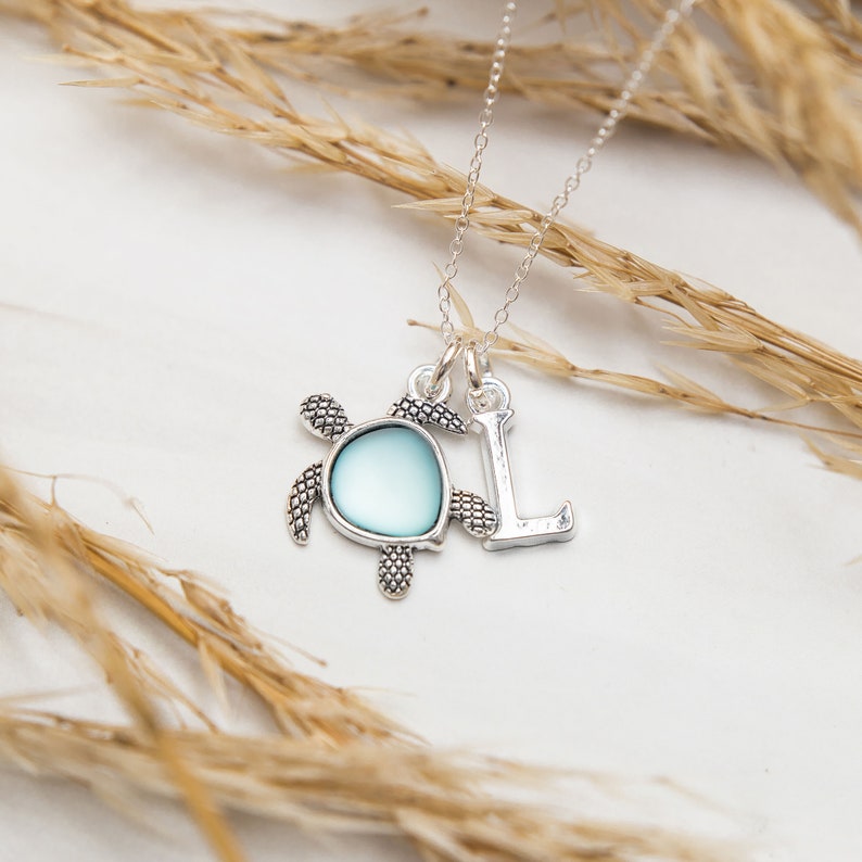 Sea turtle necklace, personalised gift, initial jewellery, beach ocean sea creature image 1