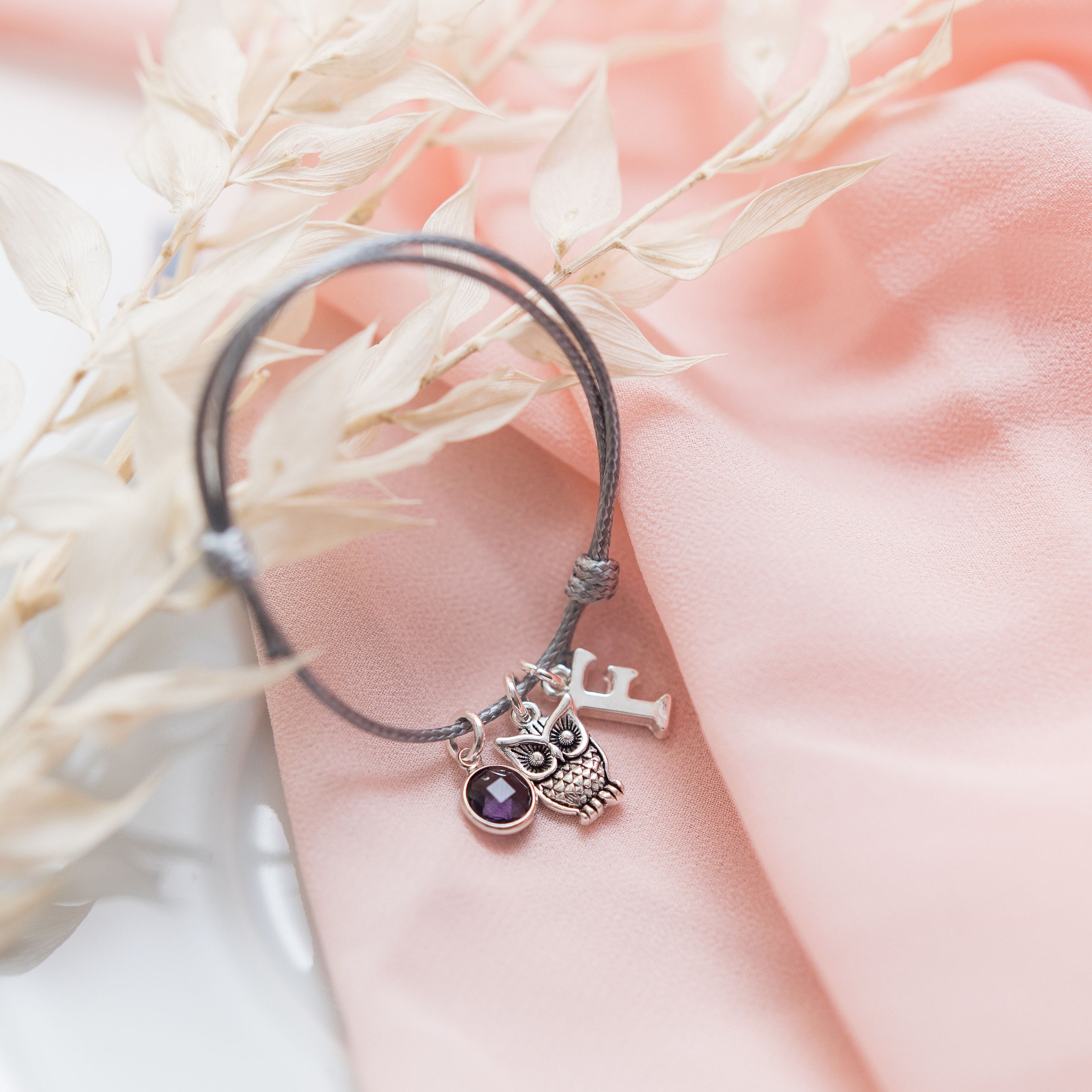 Owl charm bracelet, colourful wax cord adjustable, book lovers gift, personalised gifts, birthstone 