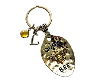 Personalised Queen Bee Keyring: Initial & Birthstone Charm