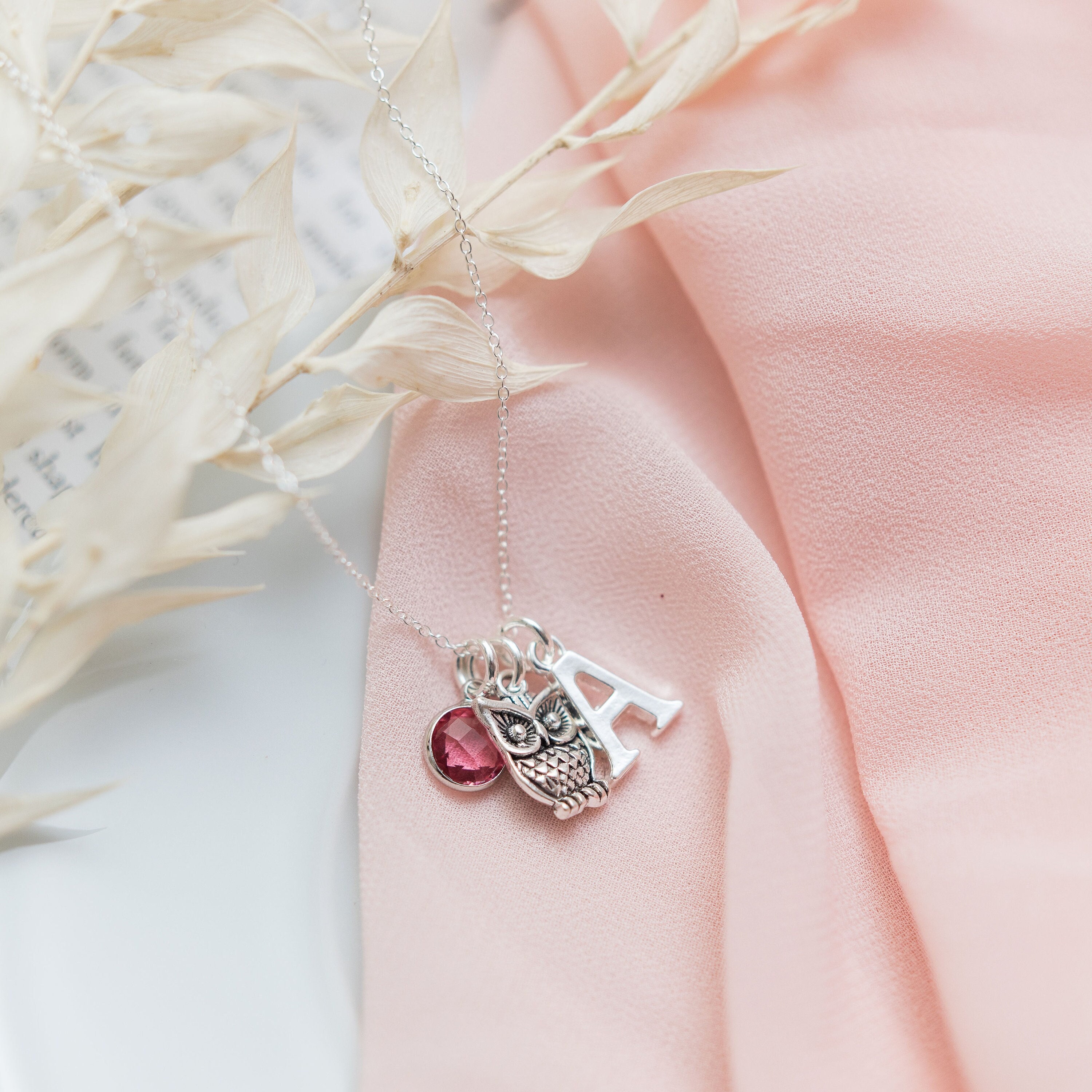 Owl necklace,  personalised gifts, owl lover gift, bird jewellery. birthstone initial, graduation pr