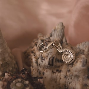 Pode incluir: Charme de prata com um design detalhado de f&oacute;ssil de amonite, preso a um fecho de lagosta de prata. O charme &eacute; exibido em um fundo de concha.