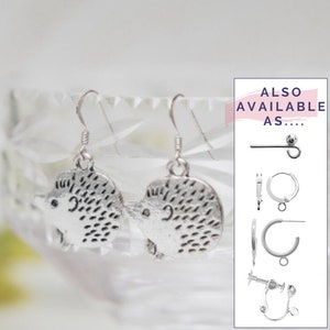 May include: Silver hedgehog earrings with a textured finish. The earrings are shown on a clear glass surface. ALSO AVAILABLE AS... is written in pink text on a white background. The text is followed by four different earring styles.