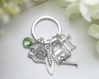 Gardening keyring, garden keychain, personalised gifts, new allotment gift, watering can pendant, snail charms, birthstone initial