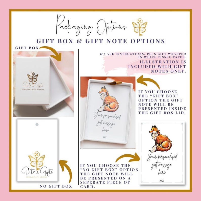Puede incluir: Dos opciones de empaque de regalo para un producto. La primera opci&oacute;n incluye una caja de regalo blanca con un logotipo de mariposa dorada y una llave. La segunda opci&oacute;n es una tarjeta blanca con el mismo logotipo. Ambas opciones incluyen una nota de regalo personalizada con una ilustraci&oacute;n de zorro.