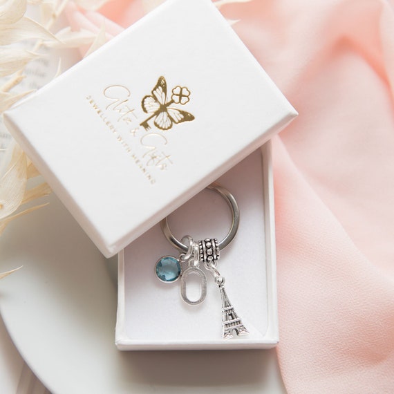 Paris keyring, Eiffel tower keychain, France trip reveal gifts, French theme style, personalised gifts, birthstone initial charms