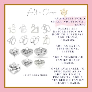 May include: A collection of silver charms, including numbers and heart-shaped pendants with words like "Mum," "Daughter," and "Happy Birthday." The image also includes text that says "Add a Charm" and details about purchasing additional charms.