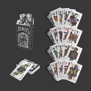 May include: A deck of playing cards featuring Avengers characters. The card faces display colorful illustrations of superheroes and villains. The card box is black and white with the word "AVENGERS" printed on it.