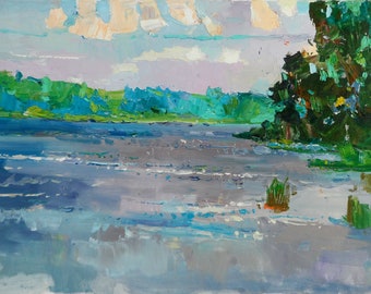 Ukraine Landscape River Painting Wall Art Original Oil Painting Oil on Canvas  Fine Art