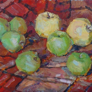 Pintura de maçã Natureza morta Pintura a óleo original Belas artes Impressionista de verão por Y. Dulin