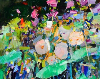 May include: Abstract oil painting featuring pink flowers and green leaves against a dark background. The painting has a textured, impressionistic style.