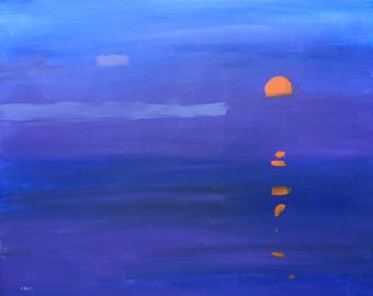 Original Acrylbild Mond Landschaft: Blaue Nacht Meer Himmel Kunst