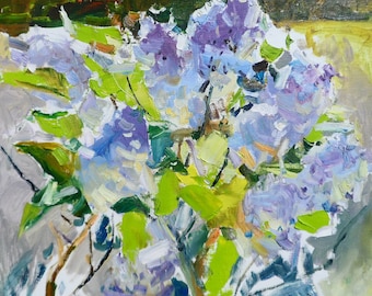 May include: A painting depicting a bunch of purple flowers with green leaves. The flowers are painted in a loose, impressionistic style, with visible brushstrokes.