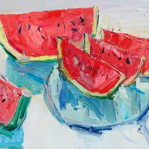 Original Oil Painting Watermelon Painting Impressionist Landscape Painting Blue Fine Art