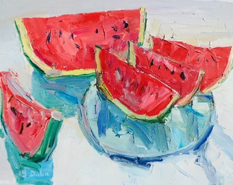 Original Oil Painting Watermelon Painting Impressionist Landscape Painting Blue Fine Art