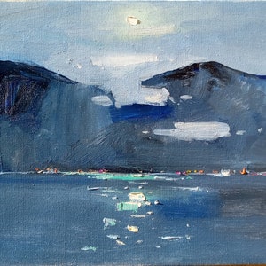 Full Moon Decor Sky Art Blue Nigh Аlps Landscape Art Original Painting Impressionism