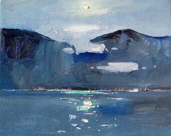 Full Moon Decor Sky Art Blue Nigh Аlps Landscape Art Original Painting Impressionism