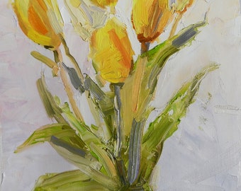 Tulipanes, Flores, Cuadro de flores, Pintura al óleo original, Óleo sobre lienzo, Bellas Artes, Impresionismo