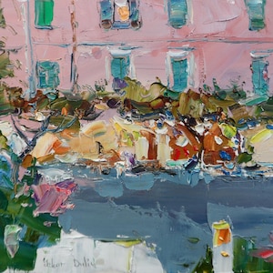 Dipinto di paesaggio jazz natalizio Caffè Dipinto a olio originale Olio su carta Belle arti Dipinto estivo