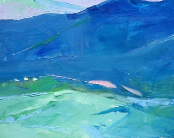 Ukrainian Mountain Landscape Oil Painting, Blue Art (19.6x23.6 IN