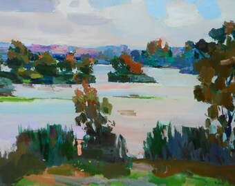Paesaggio ucraino, dipinto di fiume, dipinto originale, olio su tela, belle arti, dipinto estivo, dipinto en plein air, impressionismo